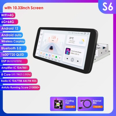 10.33'' QLED 1-DIN 8Core Android 12 6+64GB Car Stereo GPS Radio 4G WiFi Head Unit