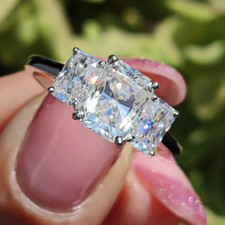 4.10Ctw Radiant Cut Moissanite Three Stone Engagement Ring 14K White Gold Plated