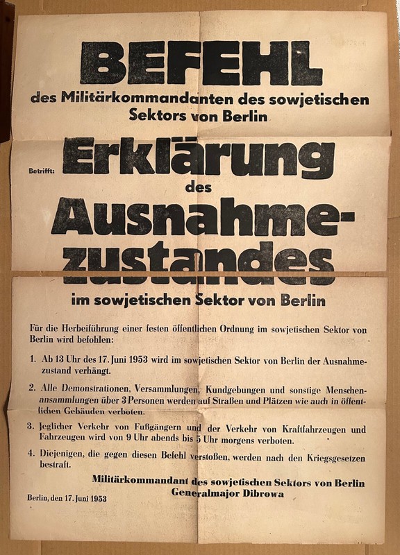 June 17, 1953 BERLIN EMERGENCY DECLARATION. East German Uprising. Poster/Handbil
