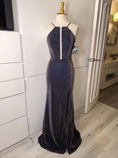 New La femme Dress- Blue-Gold- Jersey Gown Leg Slit- Open Back           Size 6