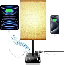 Table Lamp w/ Alarm Clock Base Bedside FM Radio & Speaker 6Ft Extension Cord