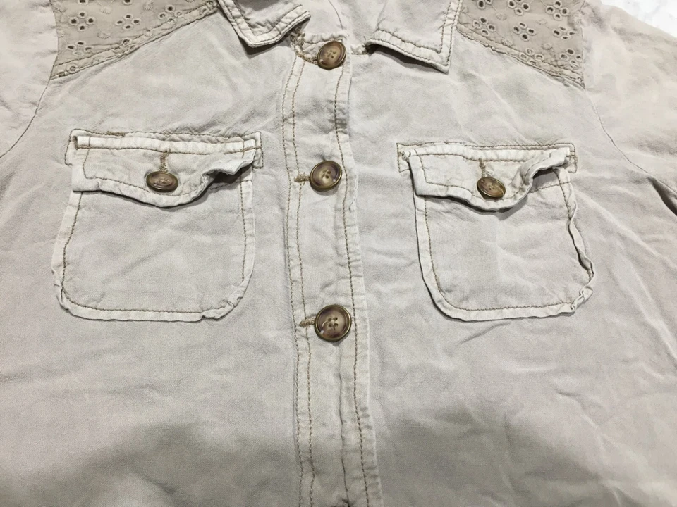 Maurices Linen Jacket Womens M Medium Tan Beige Button Crochet Accent Pockets - Image 3 of 4