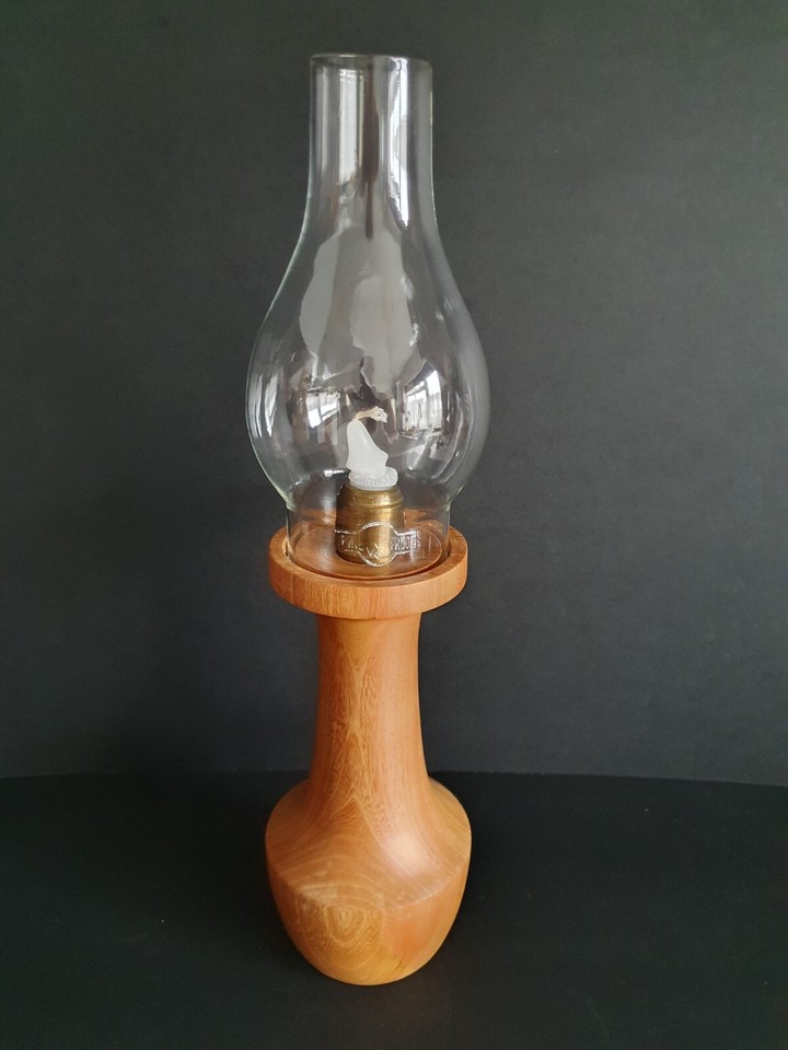 Turned Wood Spring Loaded Candlestick Candle Holder Glass Chimney