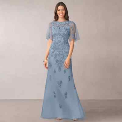 Mother Of The Bride Blue Dresses Floor Length Applique Sleeve Long Party Gown