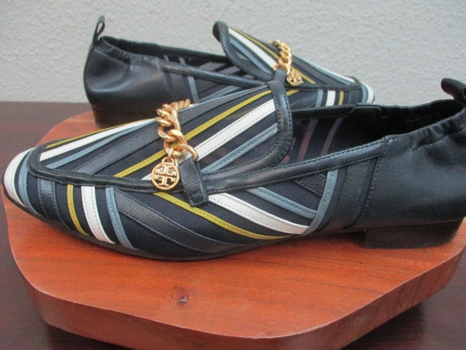 Zapatos Mocasines Tory Burch Jessa 11M Para Hombres Azul Malla Rayas Cuero Sin Cordones Planos Foto 2 de 4