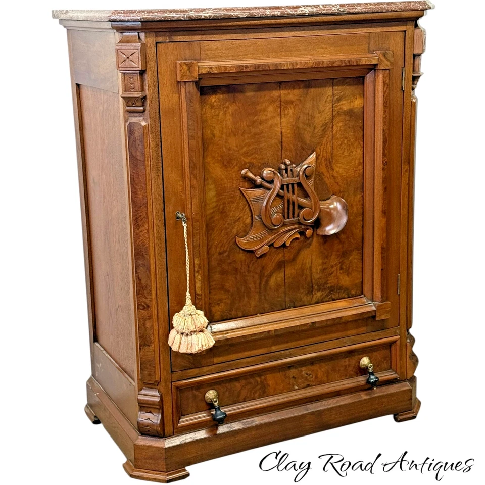 Antique Victorian Burl Walnut Credenza Marble Top Hall Console Table 1860 Carved - Image 2 of 4