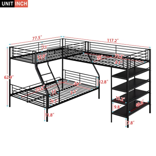 L-shaped Triple Bunk Beds Metal Bed Frames Loft Bed with Shelves Kids Bunk Beds - Image 2 of 4