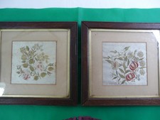 2 x Antique Embroidered Pictures of Flowers - Thames Hospice