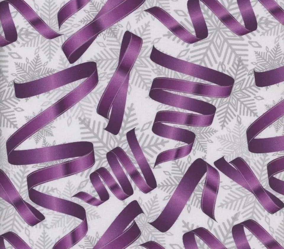 Telas Mook Navidad Púrpura Cintas Copos de Nieve Plateados 100% Algodón Tela Por th Foto 3 de 3
