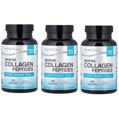 NeoCell Marine Collagen Peptides + Hyaluronic Acid 120 Caps Each (Pack of 3)