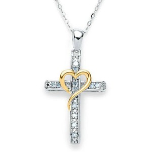 Authentic 0.50 Ct Round Lab Created Diamond Two-Tone Gold Plated Cross Heart Pendant