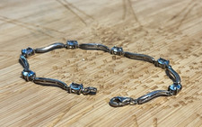 Silver Link Tennis Bracelet Blue topaz Oval Stones Prong Set Lobster Clasp