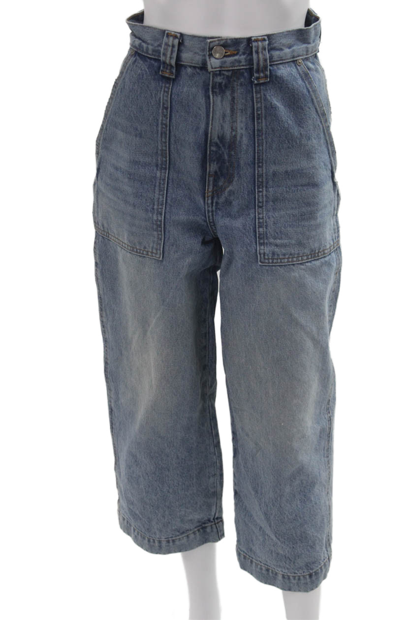 Khaite Women Cropped Wide Leg Jeans Blue High Rise Button 100% Cotton Size 25Free Shipping in US $100+ Orders | $6.95 Orders Below