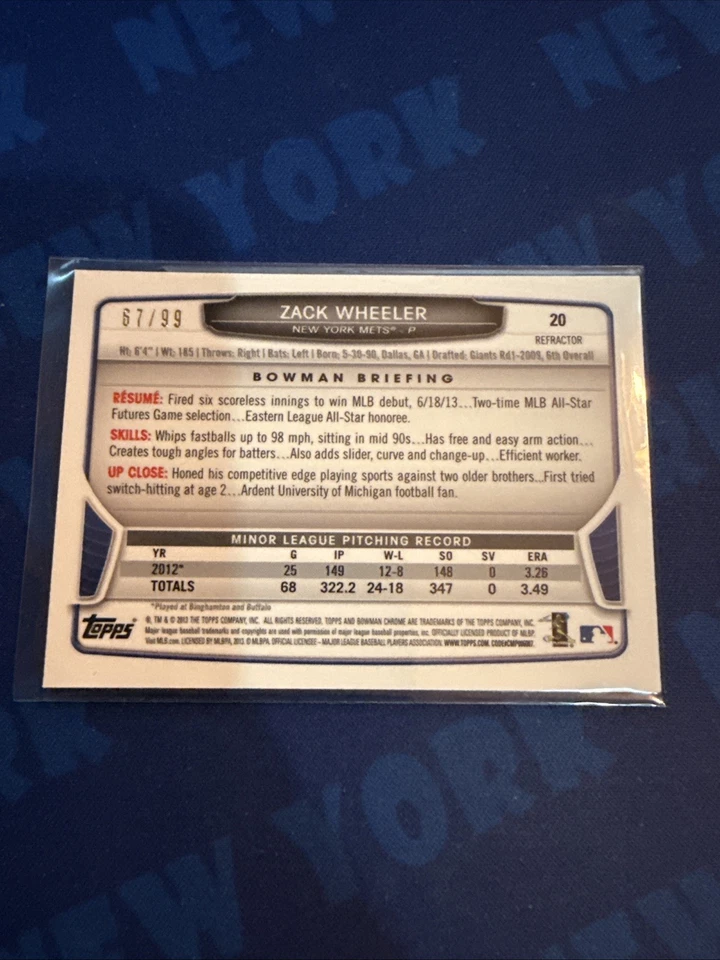 Zack Wheeler - 2013 Bowman Chrome Blue Rookie Refractor /99 - New York Mets - Image 2 of 2