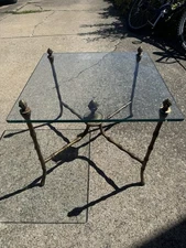 MID CENTURY HOLLYWOOD REGENCY SQUARE GLASS BAGUES FAUX BAMBOO TABLE