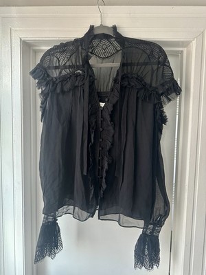 Jonathan Simkhai Black Sheer Lace Ruffle Button Blouse High Neck Long Sleeve S