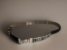 Avanti Italy Polished Silver Medusa Greek Key Black Leather Dress Belt Size 40