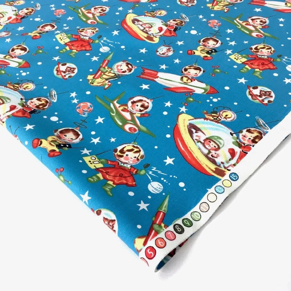 Tela de algodón espacial retro Michael Miller Rocket Rascals vintage por 36" x 43" Foto 2 de 2