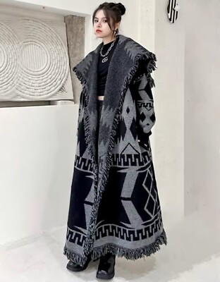 Black Grey Soft Thick Knit Abstract  Aztec Urban Chic Long Edgy Cardigan  18