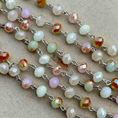 Sugar Plum Pink Green Crystal Beaded Rosary Silver Eyepin Chain 8mm 2ft Per Pkg
