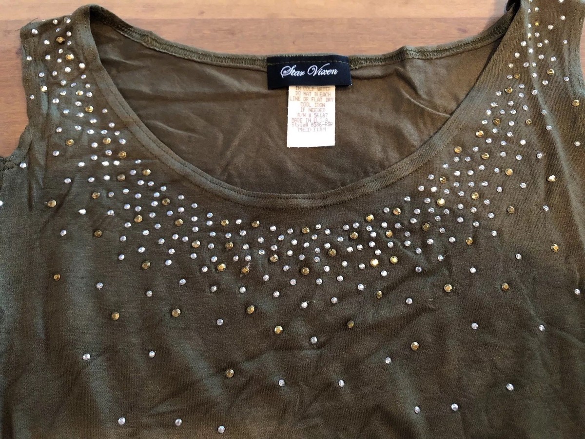 Star Vixen Women’s Cold Shoulder Top – Stretchy Rayon With Gold & Silver Stud Trim, Petite Friendly