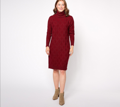 Denim & Co. Heritage Regular Cable Knit Sweater Dress-Rhubarb-XL