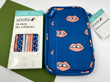 Yoobi Blue Pencil Case Organizer Lip Mouth Teeth  Matching No. 2 Pencils New