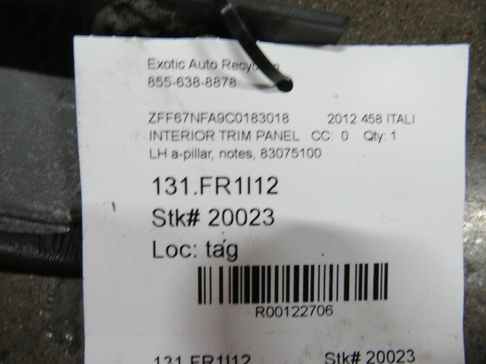 Ferrari 458 Italia, LH, Left A-Pillar Trim Panel, Black, Used, P/N 83075100
