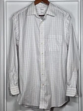 CREMIEUX Men's Shirt Size 16-33 White Purple Windowpane Plaid Cotton Twill L/S