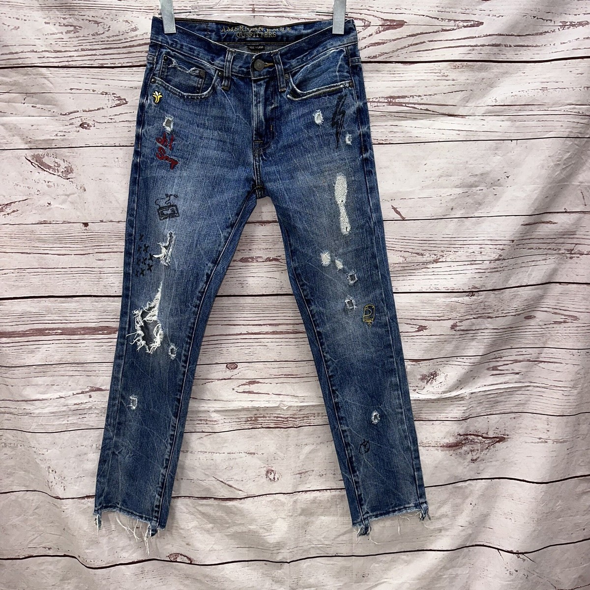 American Eagle Distressed Graffiti Raw Hem Skinny Jeans Size 28X30