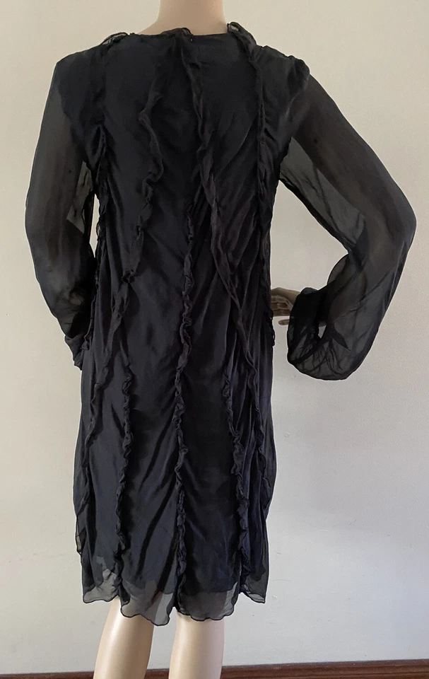 Nolita Italy Silk Dress Size 44 Black Long Sleeves Lined Ruffle Detail - image 4 of 4