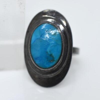 Southwestern 925 Sterling Silver Turquoise Art Glass? Turquoise Shield Ring sz 6