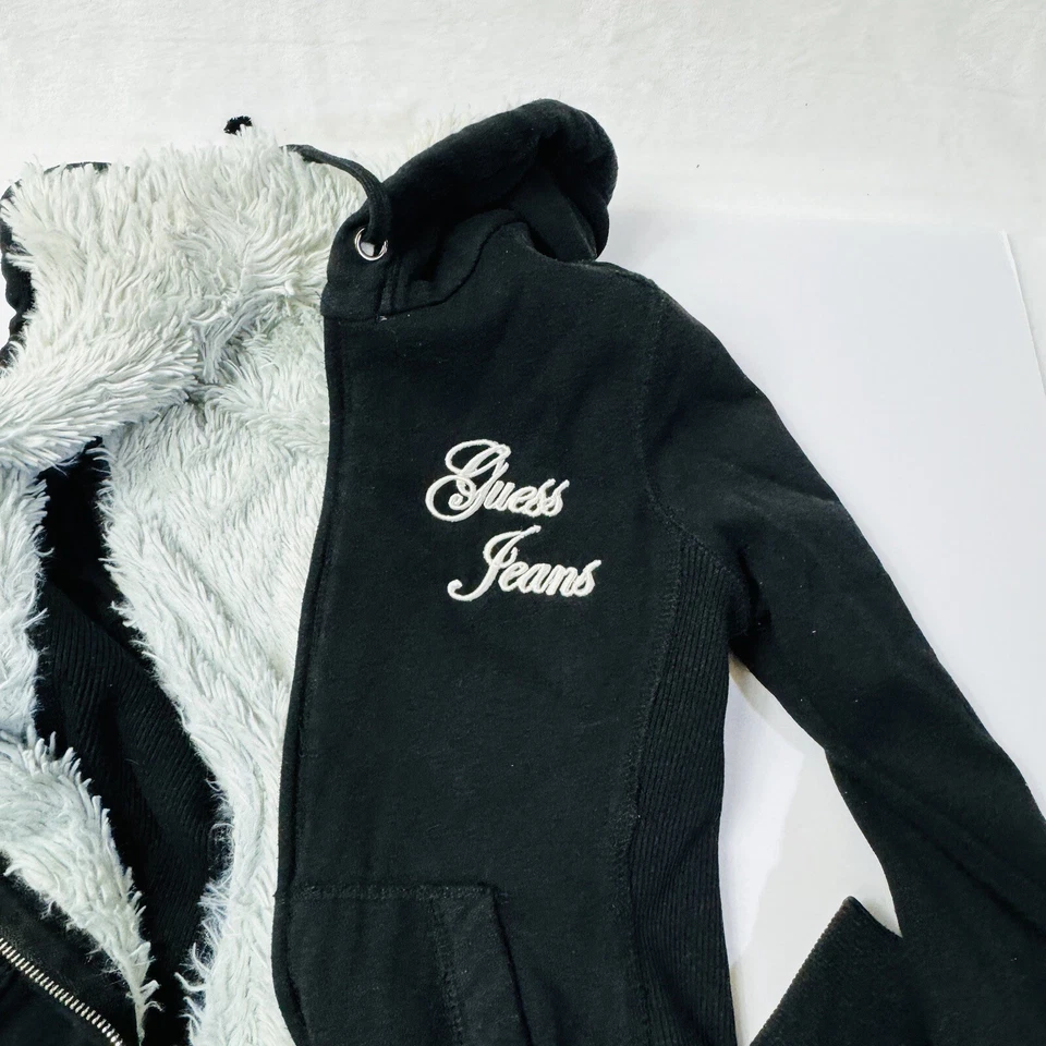 Guess джинсы молнии толстовка с капюшоном черный искусственного меха с подкладкой Y2K хип-хоп 90-х хипстер гранж - Изображение 4 из 4