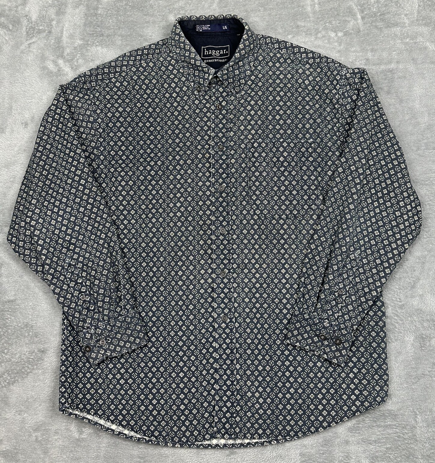 Vintage Haggar Generations Shirt Mens Large Blue Corduroy Geometric Button Down