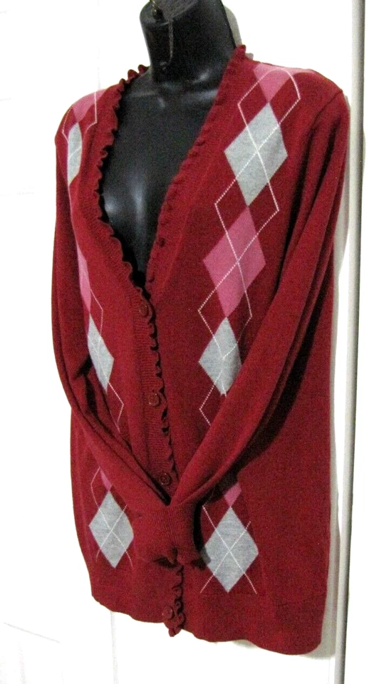 Cárdigan Van Heusen Rojo Argyle Botón 100% Algodón Manga Larga Volantes-Detalle Wm. M Foto 2 de 4