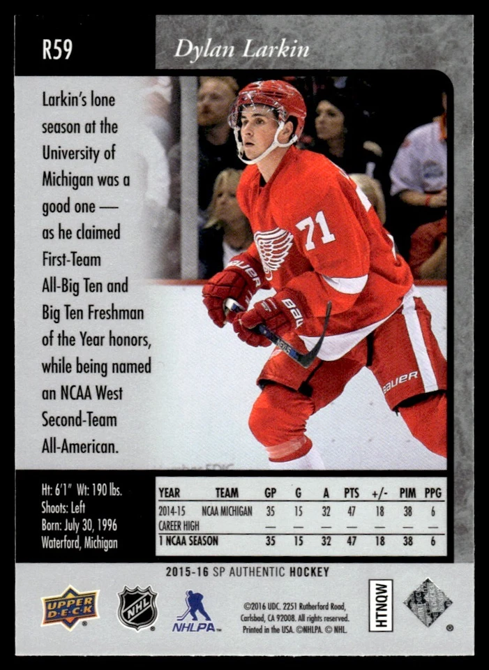 2015-16 SP Authentic 1995-96 Retro Dylan Larkin Rookie Detroit Red Wings #R59 - Image 2 of 2