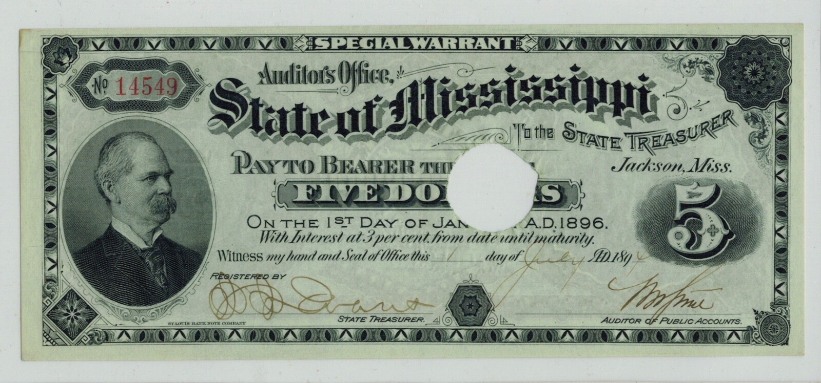 1894 Jackson THE STATE OF MISSISSIPPI 5 Special Warrant eBay