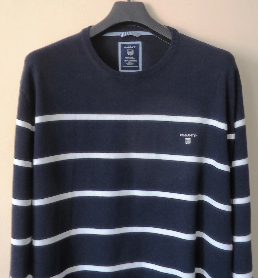 Pull homme col rond 100% coton bleu et blanc GANT taille 2XL NEUF - Photo 3/4