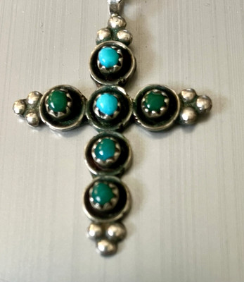 Vintage Zuni Native American Petit Point Turquoise & Green Silver Cross Pendant