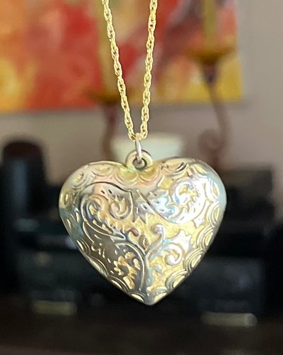COLLANA Vintage 1/20 12K ORO PIENO Puffy CUORE PENDENTE Fantasia SCROLLWORK Catena 18" - Foto 7 di 12
