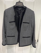 Talbots Geometric Blazer Black White Open Front Lined Pockets Women's 12