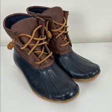 Sperry Saltwater Brown Navy Duck Boots Girls 5 Waterproof Topsider