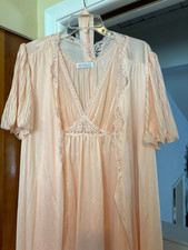 Vintage Miss Elaine Silky Apricot Nylon Long Gown and Robe Set Lace Pleats SMALL