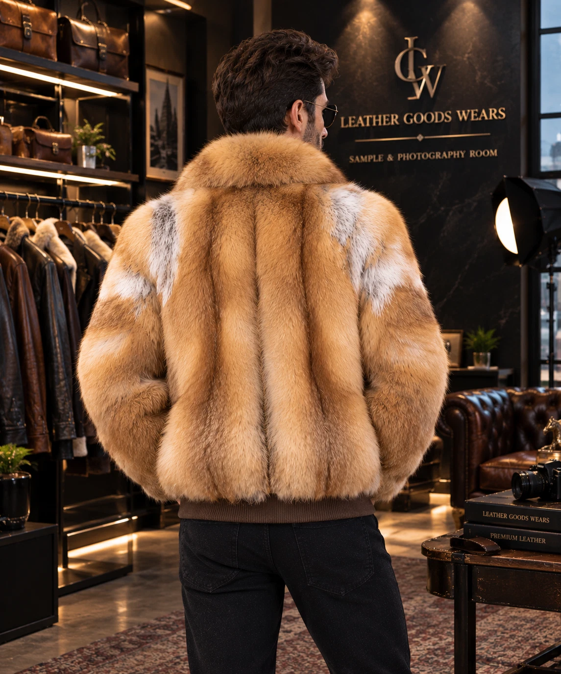 Men's Fox Fur Bomber Jacket Tan Brown Luxury Winter Coat Warm Classic Fur Jacket - product detail image 3