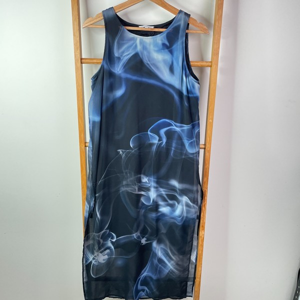 Wayne Cooper Shift Dress Womens 10 Blue Smoke Print Midi Side Slits Sleeveless
