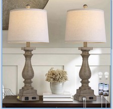 28  Farmhouse Table Lamps Set of 2 Touch Control USB C A AC Outlet Brown NEW