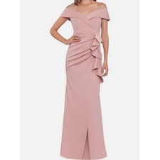 XSCAPE Off Shoulder Ruffled Gown Rose Pink Size 8 NWT Formal Maxi Dress