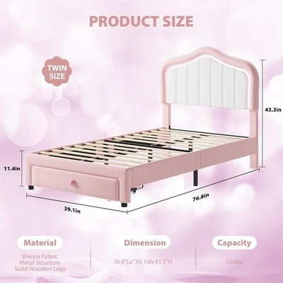 Twin Upholstered Bed Frame with Storage Drawer & LED Headboard for Kids/Girls