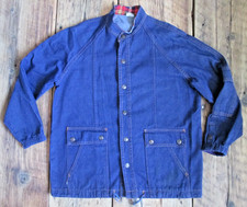 Vintage Denim Jacket Large Blue Chore Barn Workwear Red Plaid Lined Trim READ