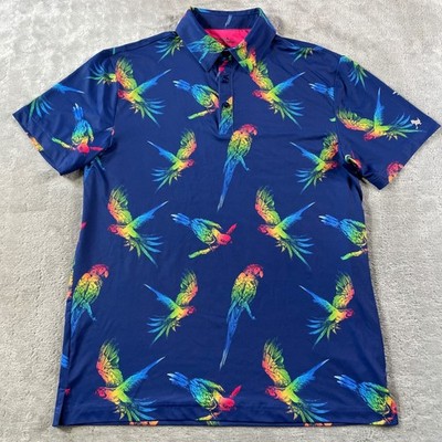 Birdie Bound Polo Shirt Mens Small Blue Parrot Golf Stretch Preppy Light Topical